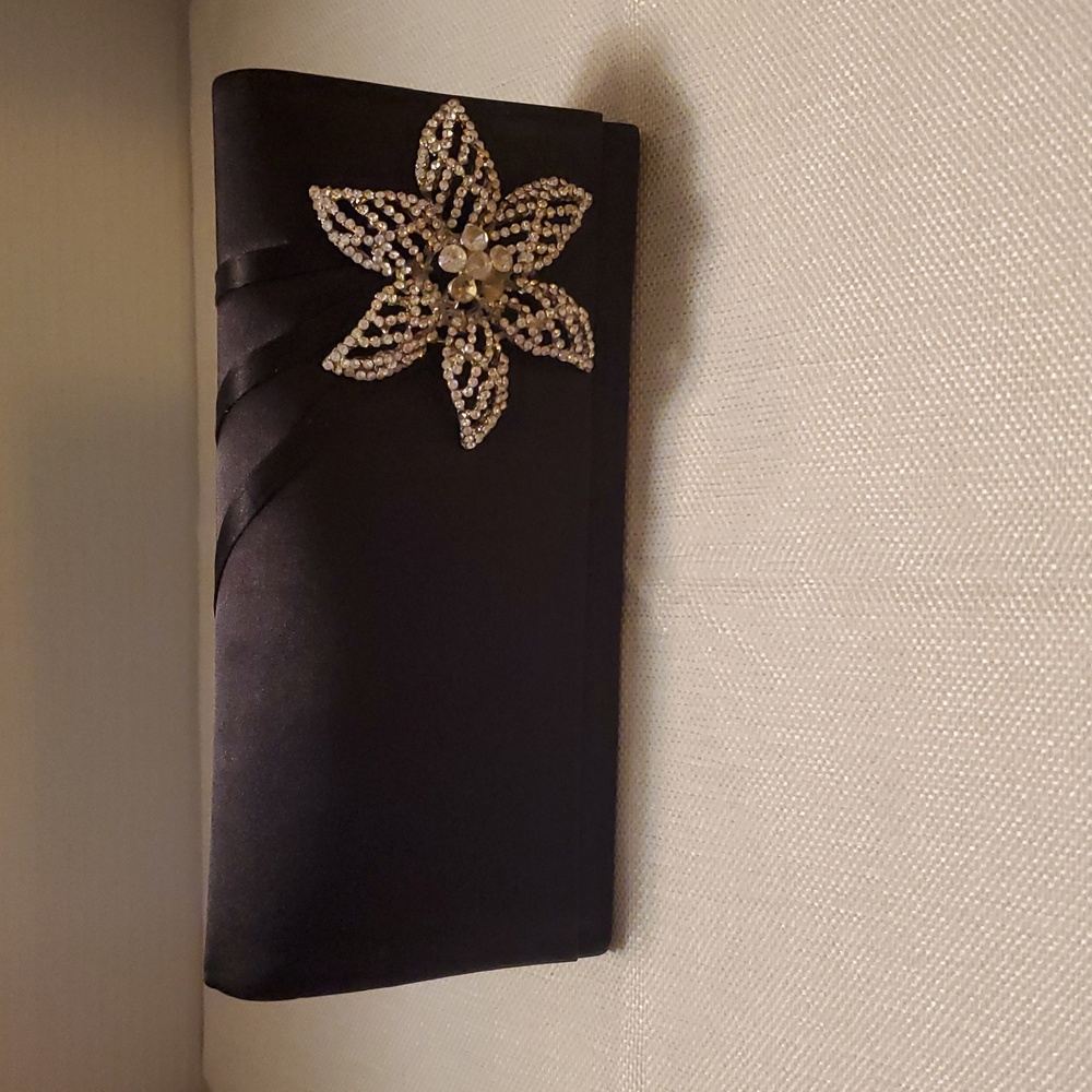 Lulu Townsend Elegant Black Evening Clutch with Floral Embellishment